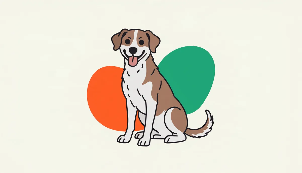 Cão vira-lata (SRD) de porte médio com pelagem marrom e branca e orelhas caídas, com expressão alegre