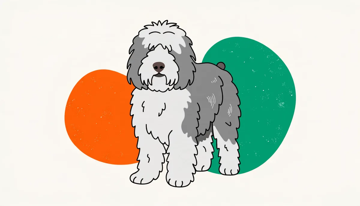 Cão da raça Old English Sheepdog, o Bobtail, de pelagem farta cinza e branca cobrindo os olhos