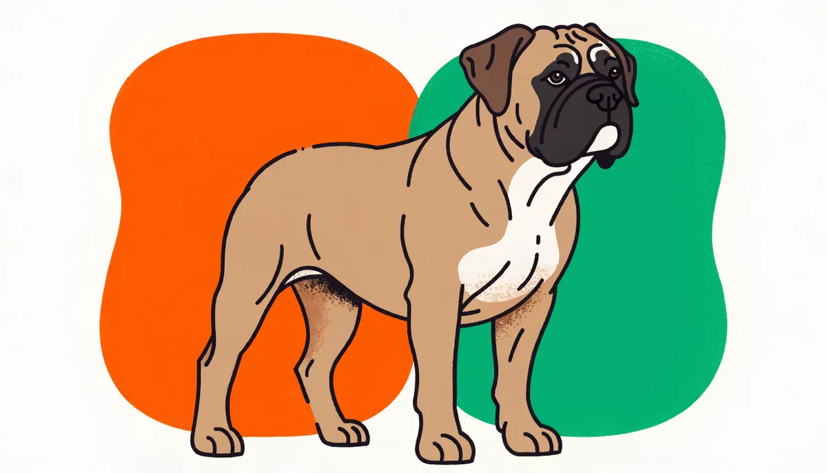 Cão da raça Bull Mastiff de pelagem fulva com máscara preta no focinho, grande e imponente