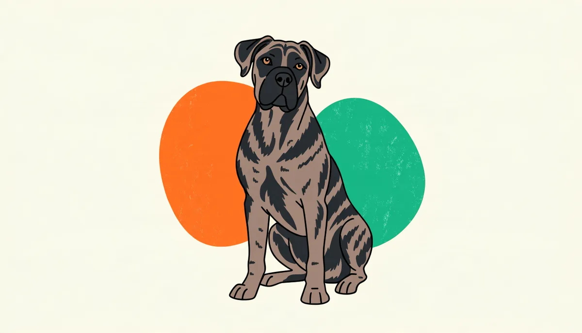 Cão da raça Presa Canário (Dogo Canário) de pelagem tigrada, cabeça larga e porte musculoso