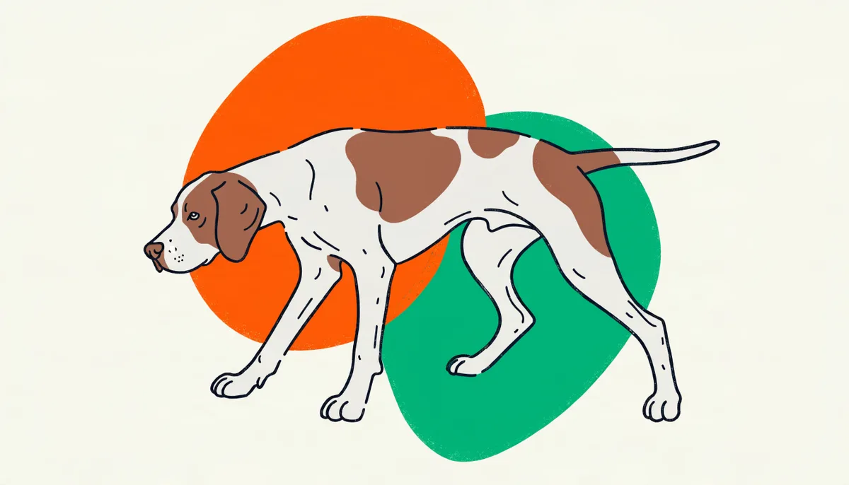 Cão da raça Pointer Inglês, magro e atlético, em pose de aponte, com pelagem branca e manchas marrons