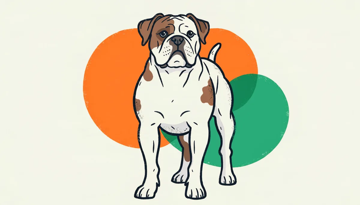 Cão da raça Buldogue Americano, musculoso e atlético, com pelagem branca e manchas tigradas