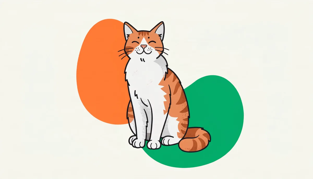 Gato vira-lata (SRD) sentado, com pelagem laranja rajada e branca e expressão alegre