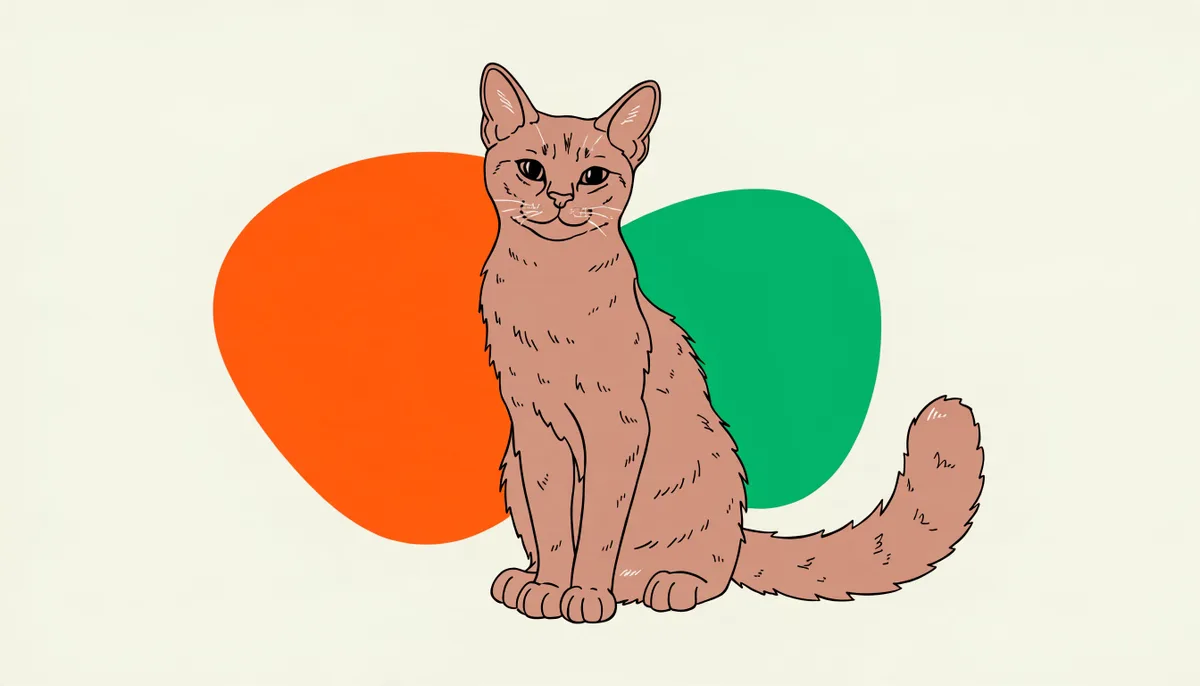 Gato Somali de pelagem ticada avermelhada e cauda farta de raposa, em pose atenta.