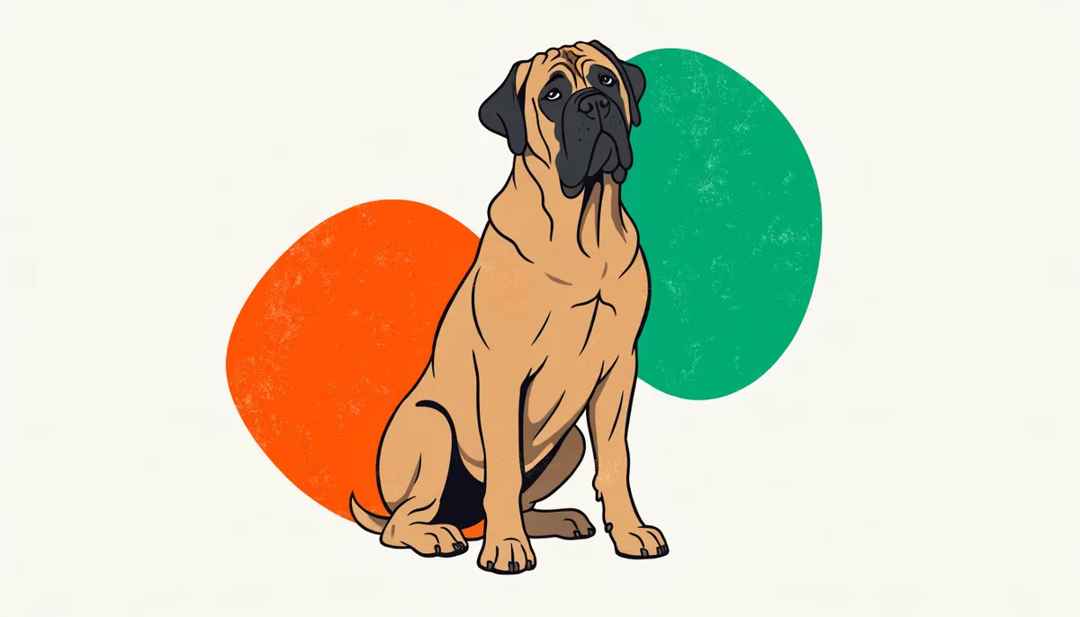 Cachorro Mastim Inglês de porte gigante, corpo maciço, pelagem clara (fawn) e máscara escura no focinho, com expressão calma.