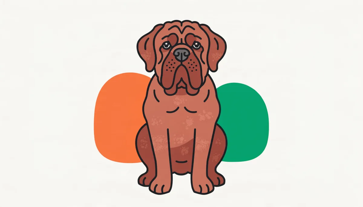 Cachorro Dogue de Bordeaux de porte grande, cabeça enorme e enrugada, focinho curto e pelagem em tom fawn avermelhado.
