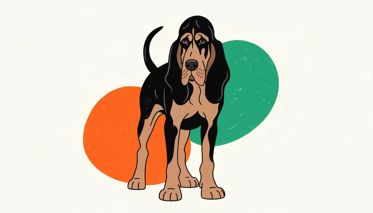 Bloodhound de porte grande com orelhas muito longas e caídas, pele solta e enrugada e pelagem preta e castanha