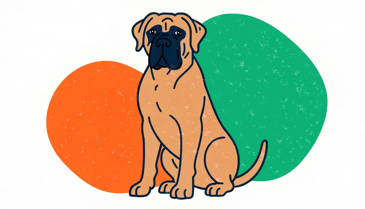 Boerboel de porte grande e musculoso, com pelagem fawn e máscara preta, em pé ao ar livre