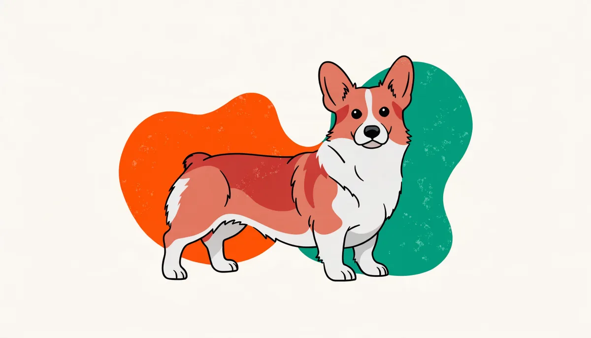 Cachorro da raça Corgi Pembroke Welsh Corgi de pelagem vermelha e branca em pé sobre a grama