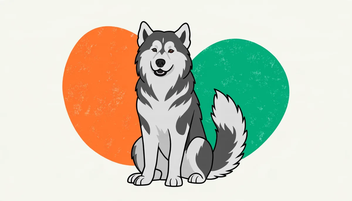 Cachorro da raça Alaskan Malamute de pelagem dupla cinza e branca com aparência de lobo na neve