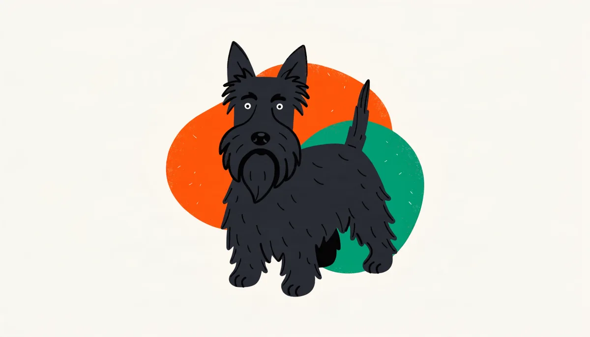 Terrier Escocês preto de pernas curtas com barba e sobrancelhas fartas e pelo duro, em pé de perfil com postura altiva