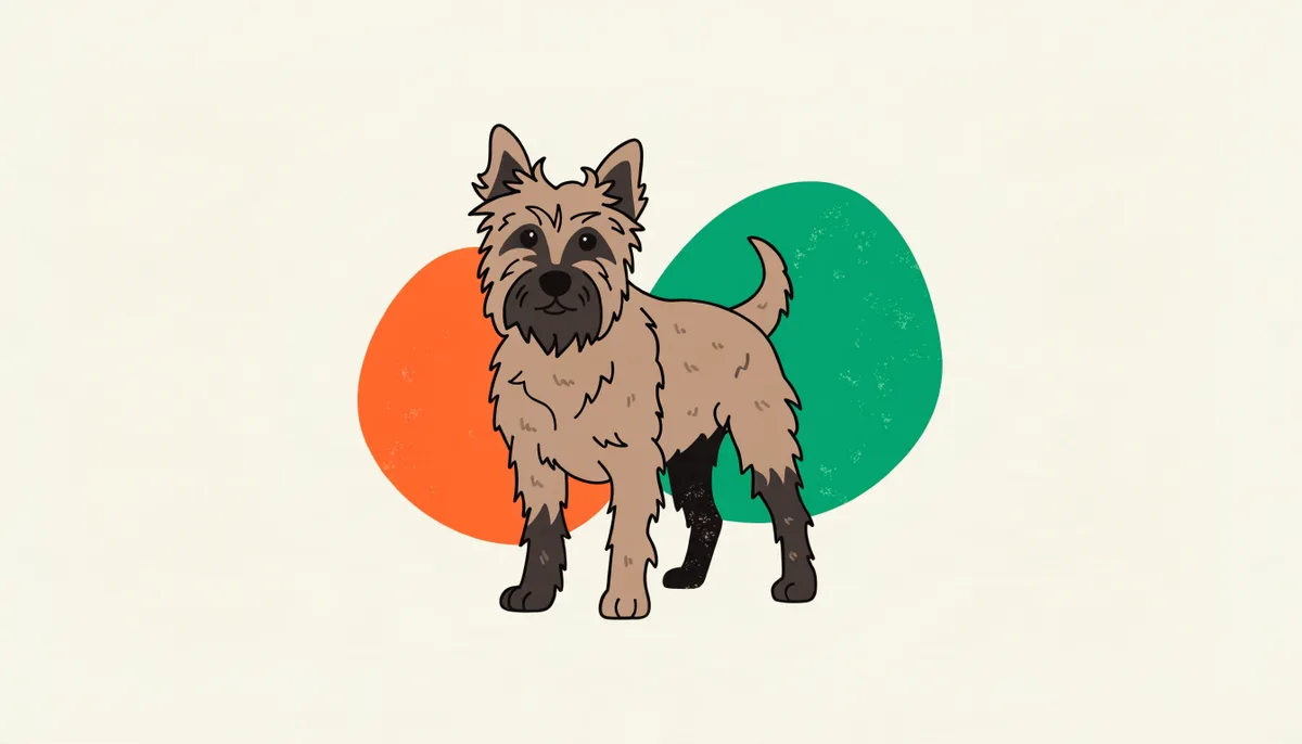 Cão da raça Cairn Terrier de pelo hirsuto em pé em um jardim, com expressão alerta