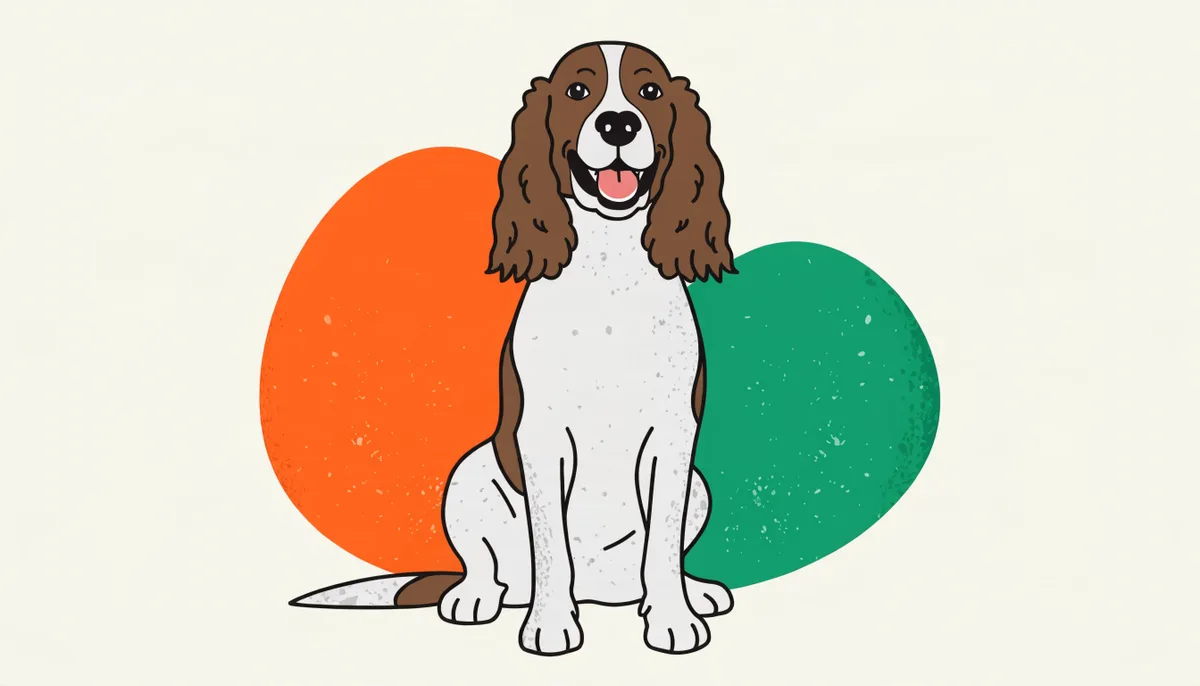 Cão da raça Springer Spaniel Inglês fígado e branco correndo em um campo com as orelhas ao vento