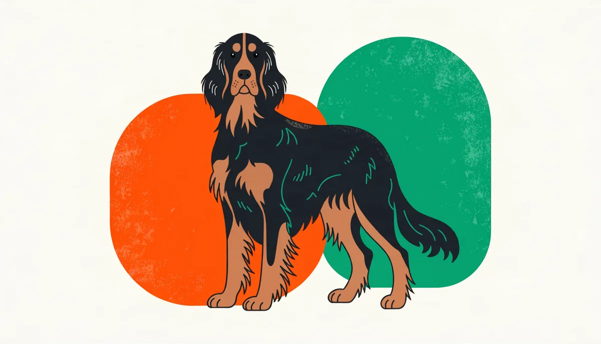 Cão da raça Setter Gordon adulto com pelagem preta e castanha em pé ao ar livre