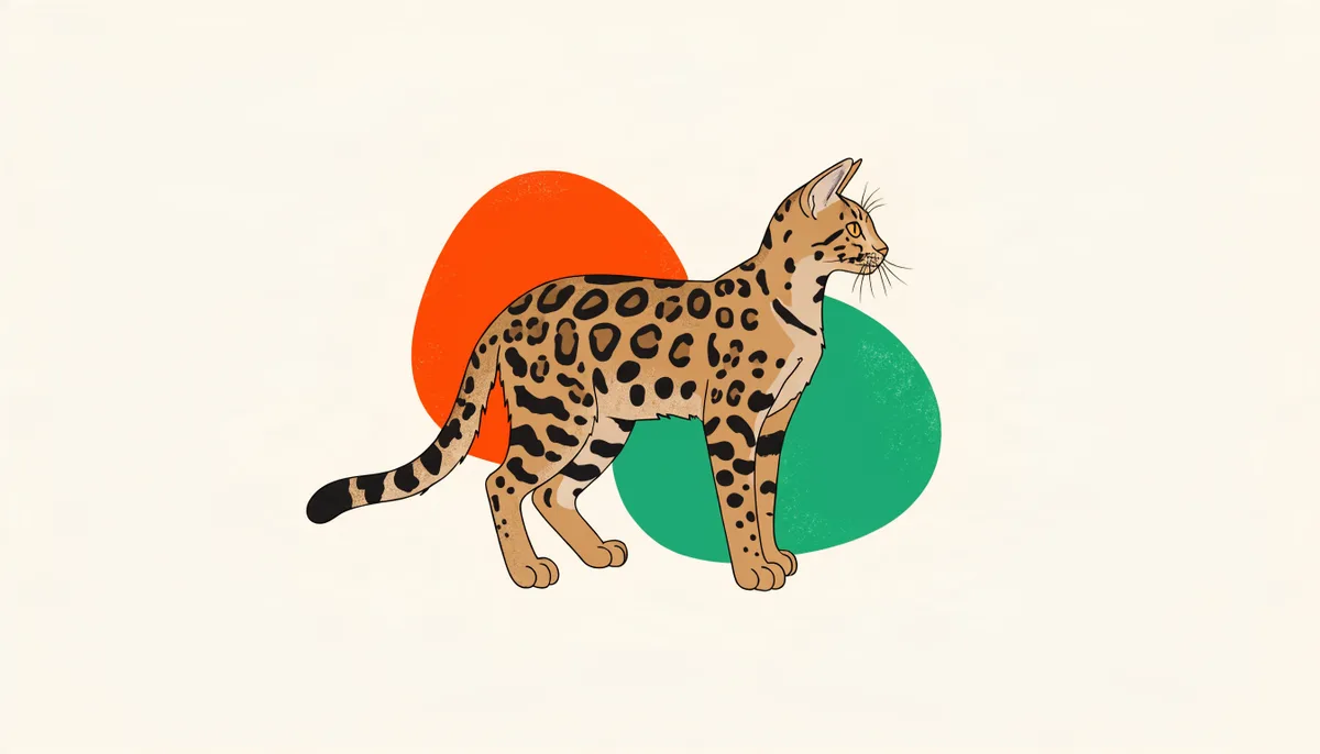 Gato Savannah alto e esguio, de pelagem manchada dourada e orelhas grandes, em pose atenta de predador.
