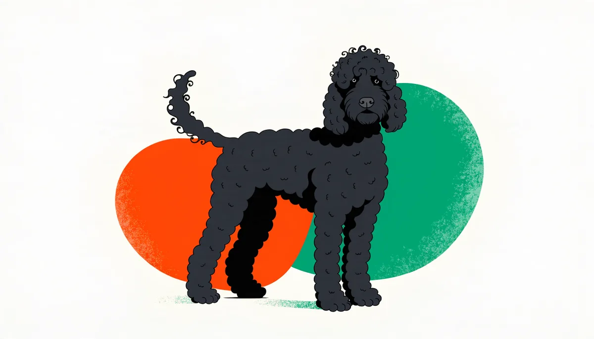 Cão d'Água Português de pelagem cacheada preta em pé ao ar livre