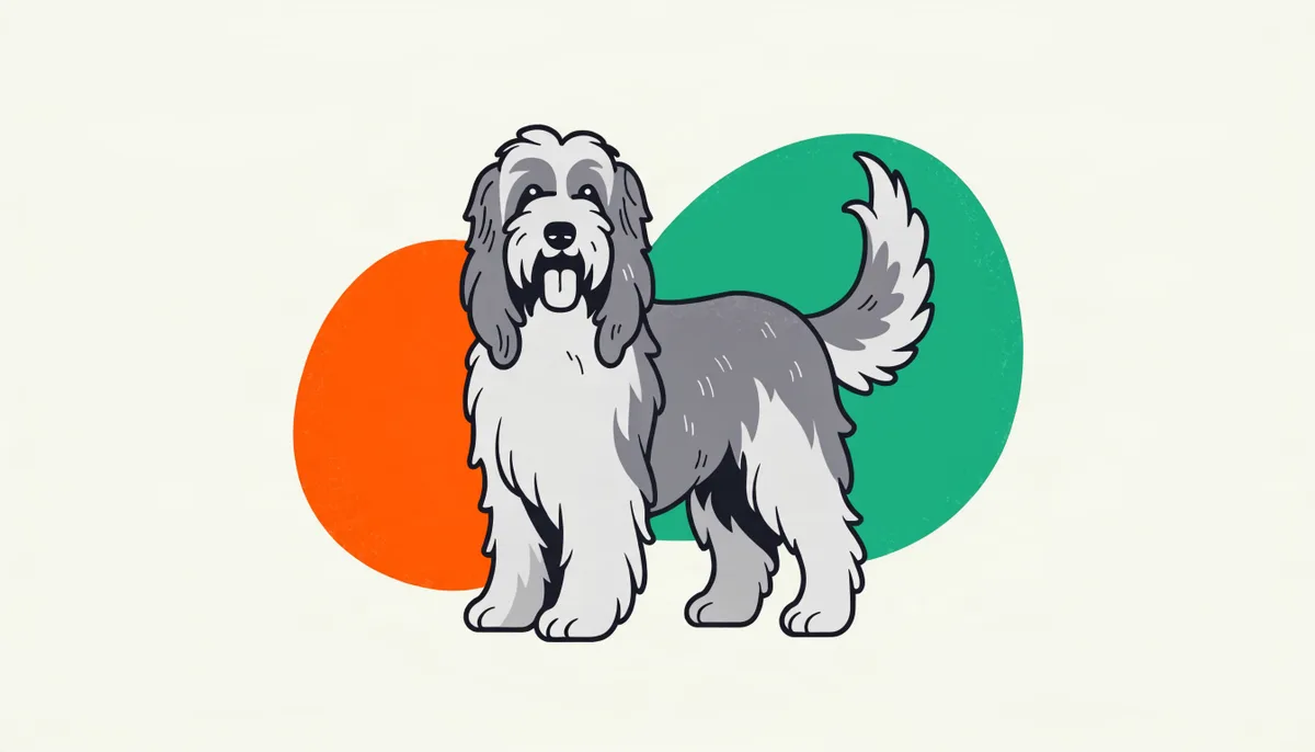 Bearded Collie de pelagem longa cinza e branca com barba característica em pé na grama