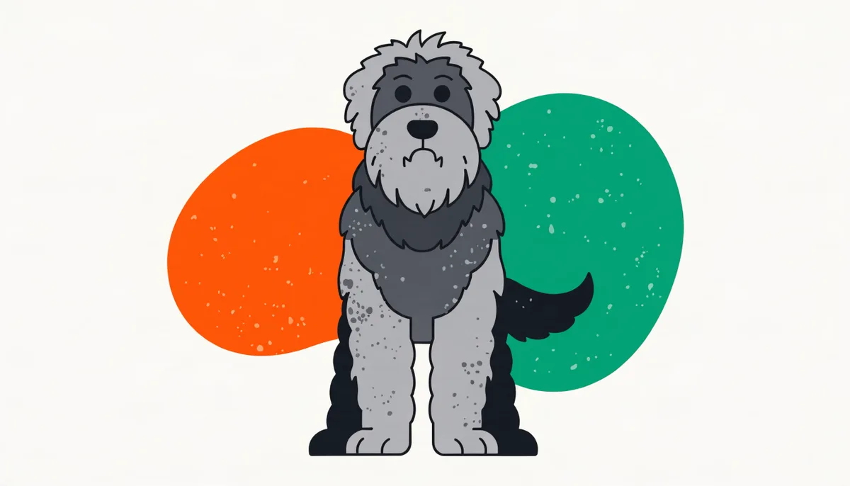 Cão da raça Bouvier de Flandres adulto, de pelagem dura acinzentada com barba e sobrancelhas, em pé ao ar livre