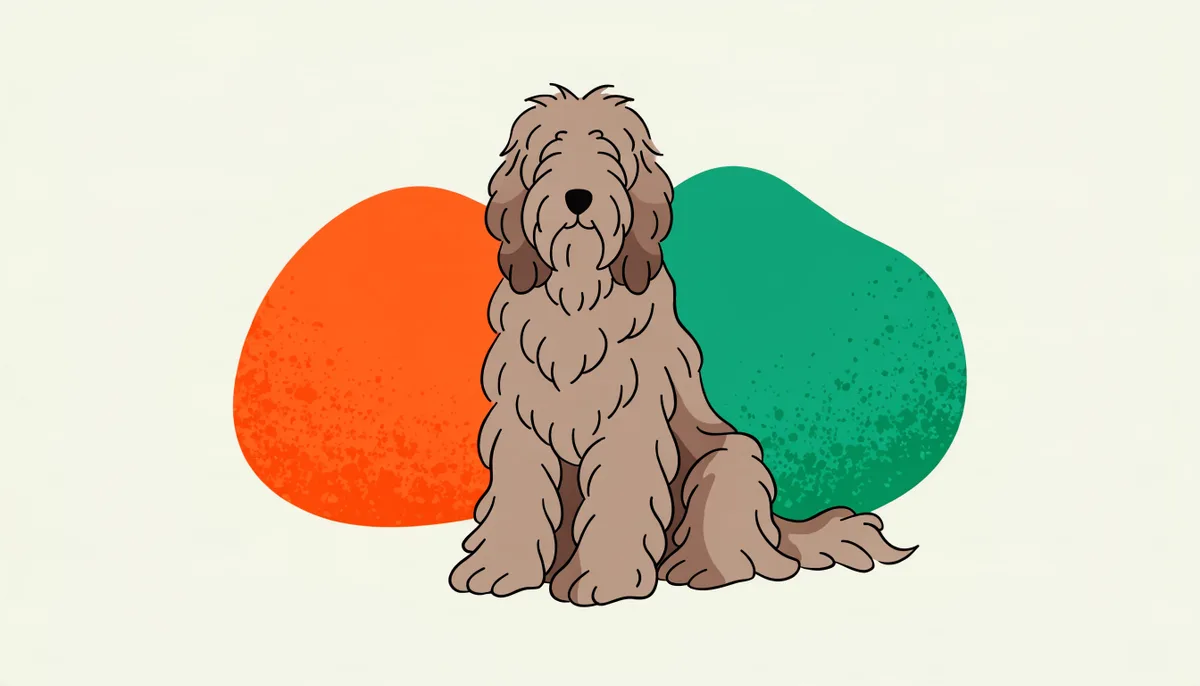 Cão da raça Briard adulto, de pelagem longa e ondulada com franja cobrindo os olhos, em pé em um gramado