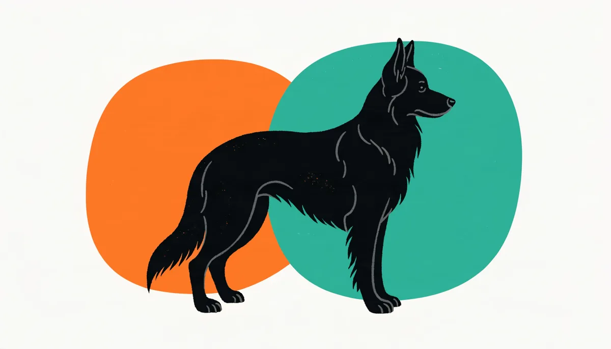 Cão da raça Pastor Belga Groenendael, de pelagem longa e toda preta, em pé sobre um gramado