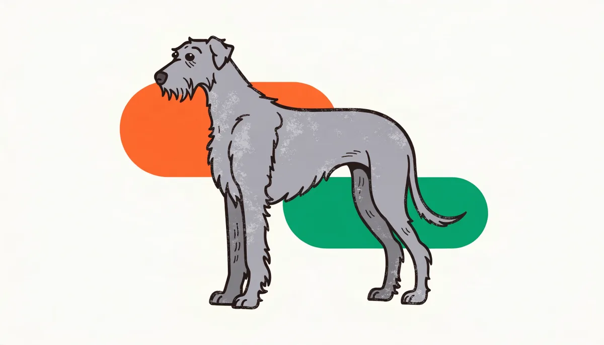 Wolfhound Irlandês de pelo cinza e áspero, um cão gigante em pé ao lado de uma pessoa