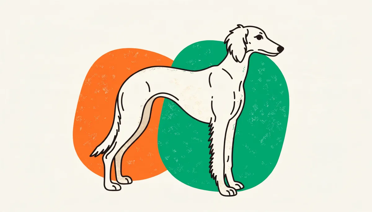 Cão da raça Saluki, esguio e elegante, com orelhas franjadas, em pé ao ar livre