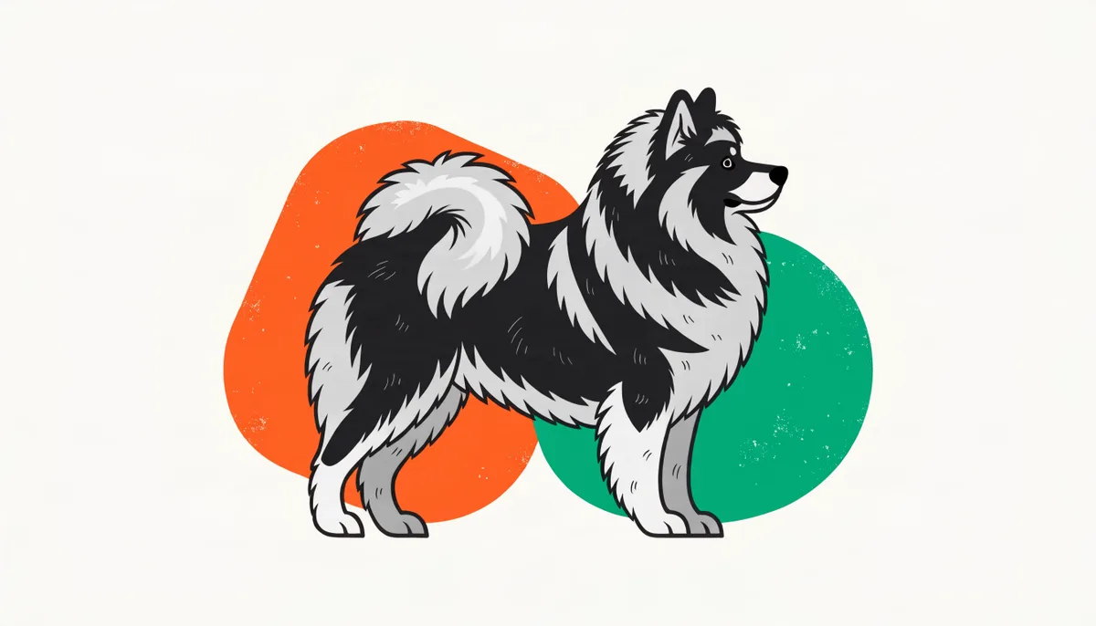 Cão da raça Keeshond com pelagem cinza e preta volumosa e as marcas de 'óculos' ao redor dos olhos