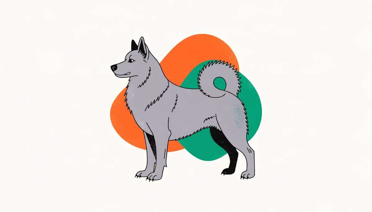 Cão da raça Elkhound Norueguês com pelagem cinza densa e cauda enrolada sobre o dorso