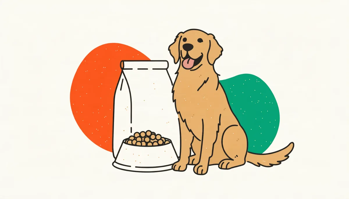 Golden Retriever feliz sentado ao lado de um saco grande e uma tigela de ração