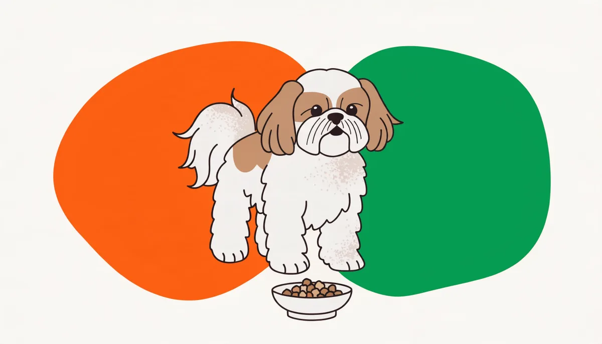 Cão Shih-Tzu fofo ao lado de uma tigela pequena de ração de grão pequeno