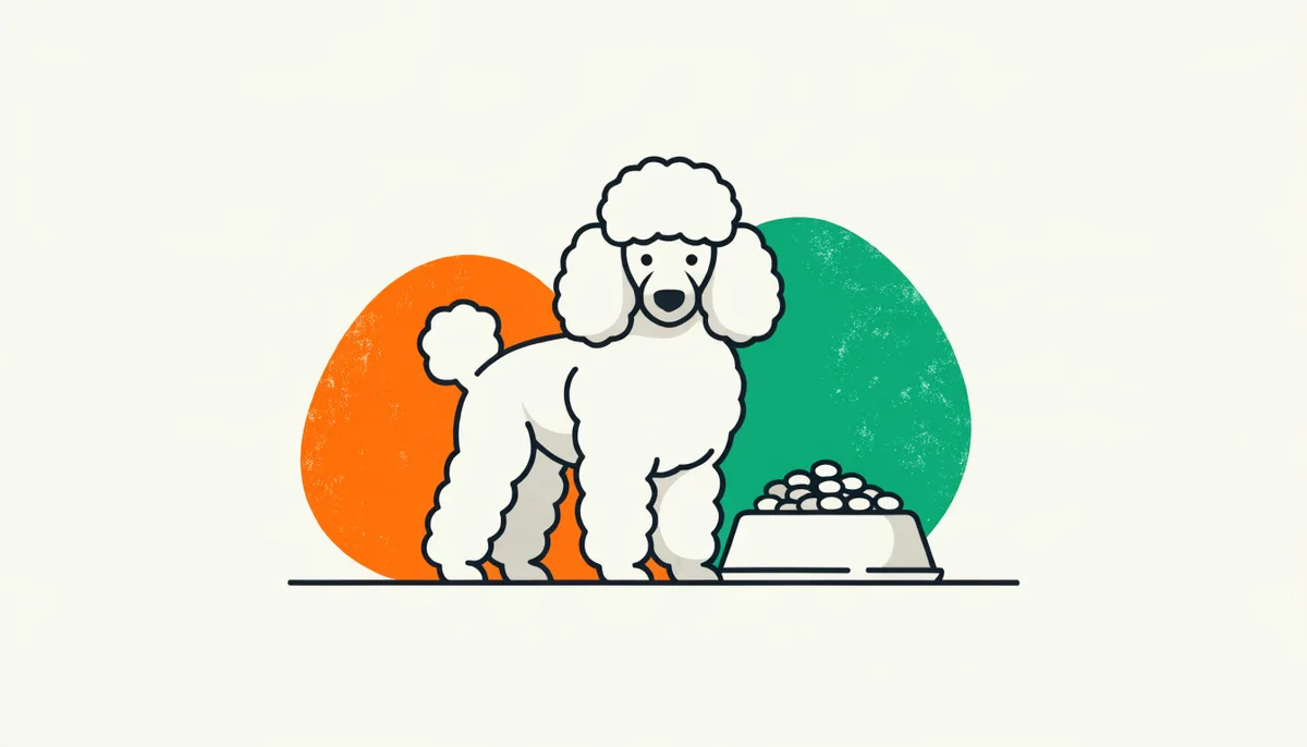Poodle tosado ao lado de uma tigela de ração de grão pequeno