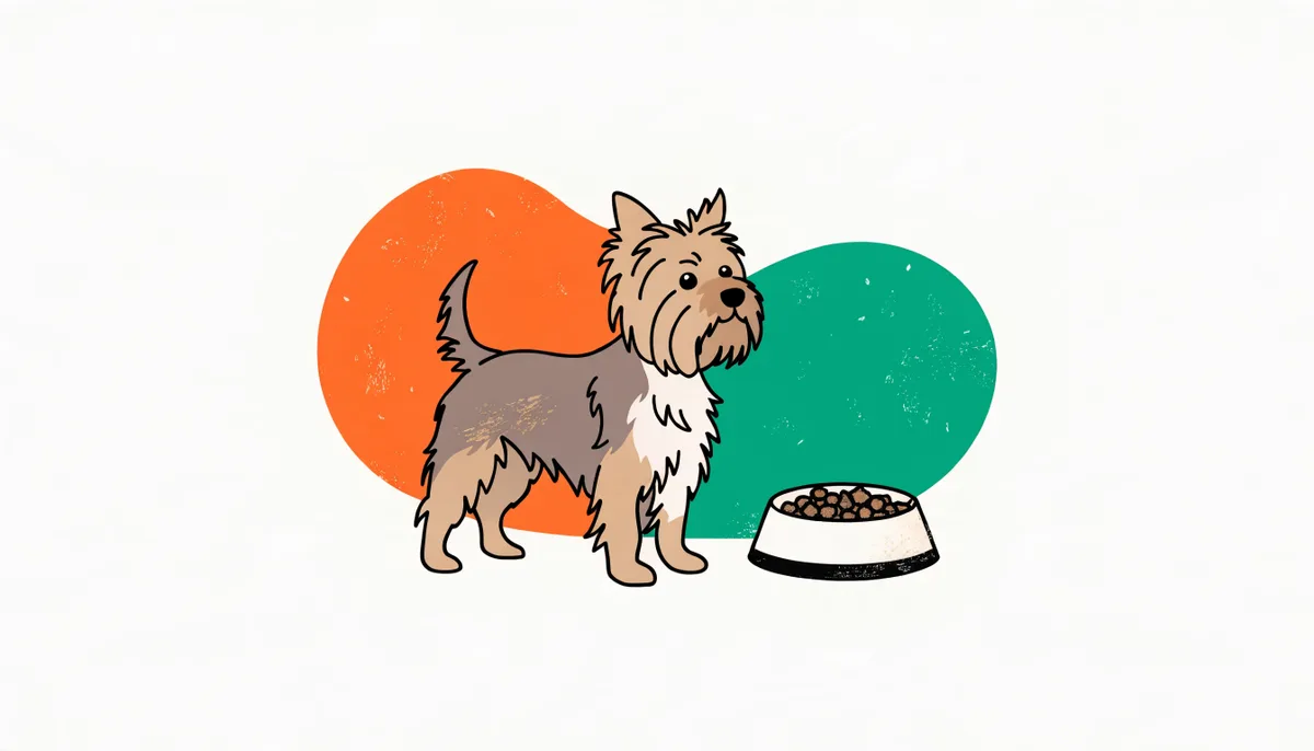 Cachorro Yorkshire Terrier pequeno ao lado de uma tigela com ração de grãos minúsculos