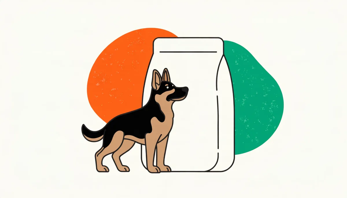 Cão Pastor Alemão ao lado de um saco grande de ração