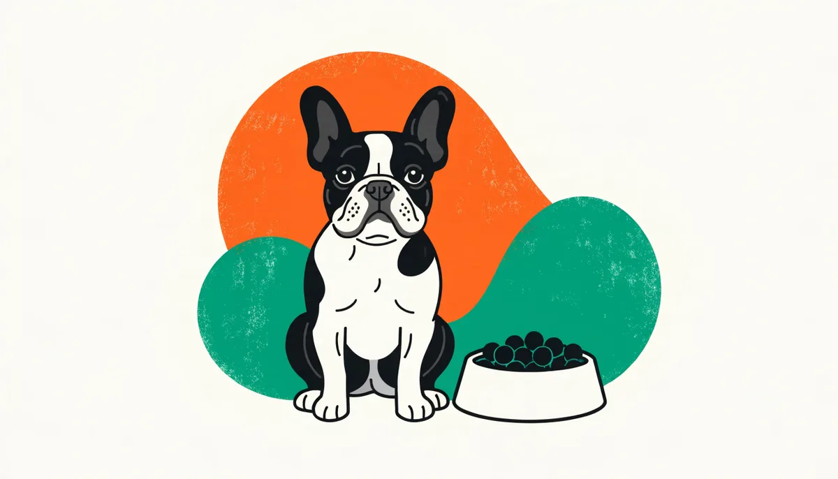 Cachorro Bulldog Francês ao lado de uma tigela de ração