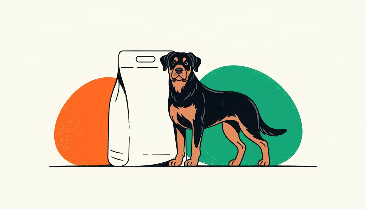 Cão Rottweiler adulto ao lado de um saco grande de ração para cães