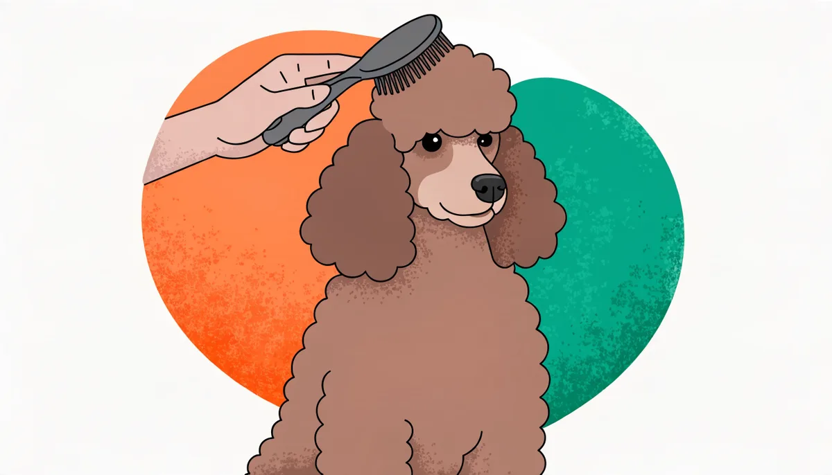 Poodle de pelo cacheado sendo escovado, com pouquíssimo pelo solto, limpo e cuidado