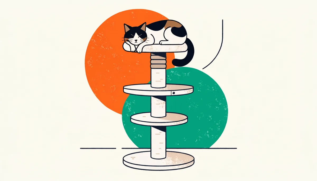 Gato tranquilo descansando em uma torre de gatos dentro de um apartamento iluminado