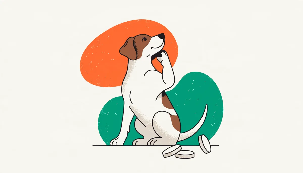 Cão coçando a orelha com comprimidos de medicamento ao lado, em ambiente de cuidado