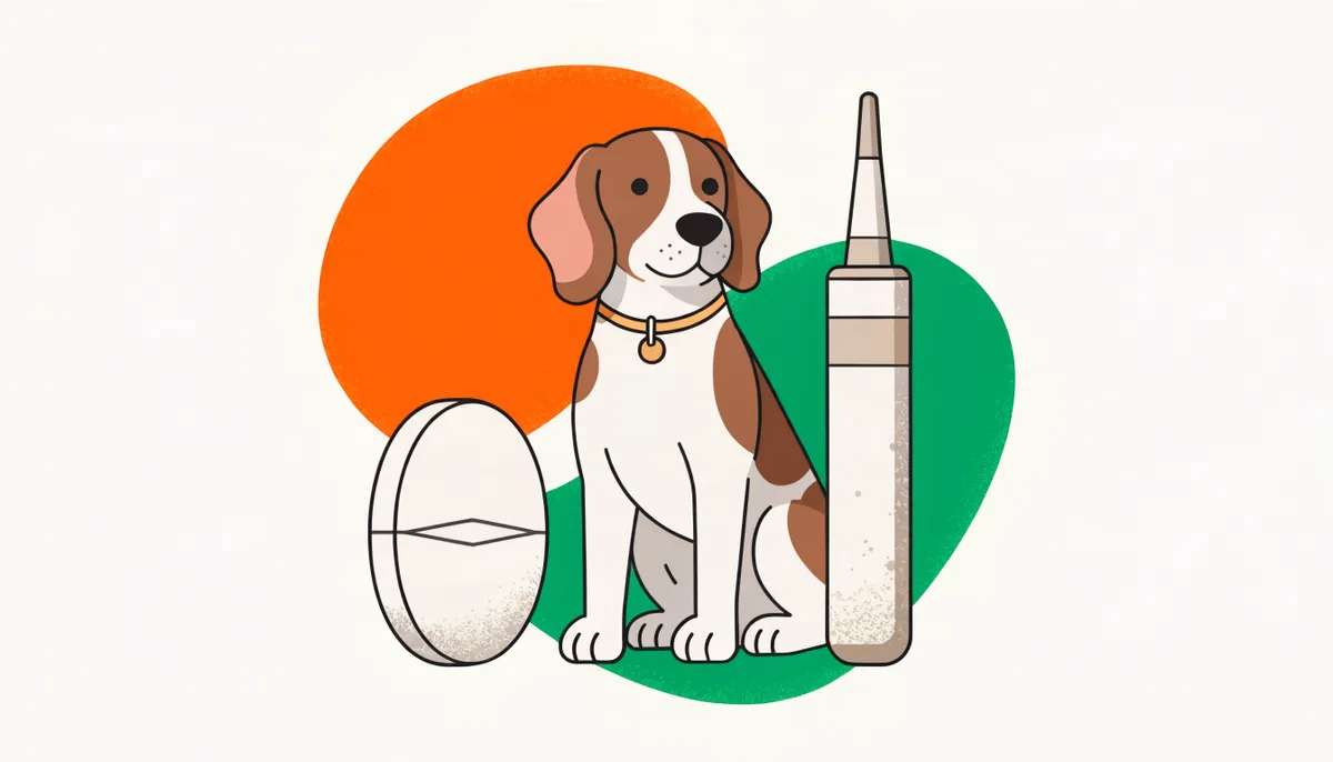 Comprimidos antipulgas e uma pipeta enfileirados ao lado de um cão saudável