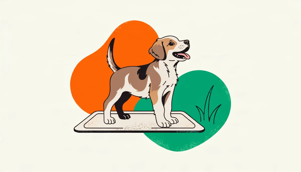 Filhote de cachorro em pé sobre um tapete higiênico limpo em um ambiente organizado