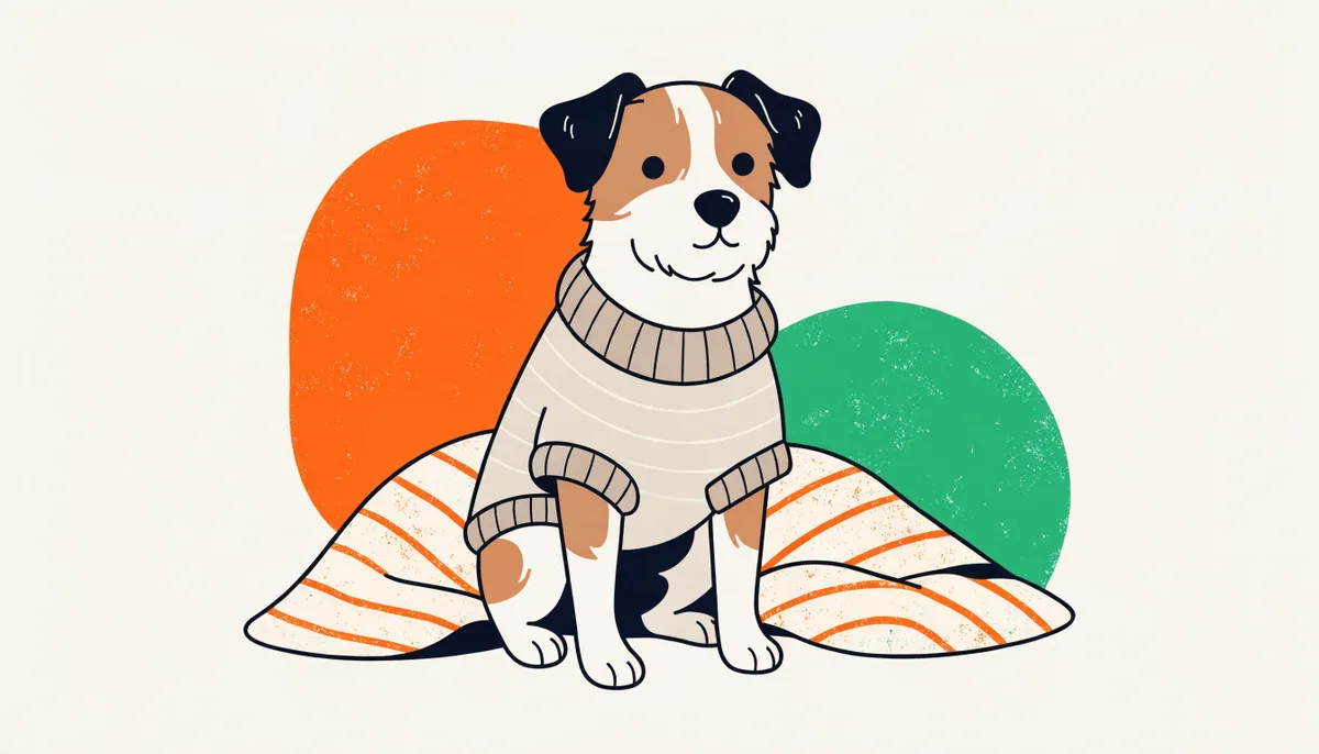 Cachorro pequeno vestindo suéter aconchegante ao lado de uma caminha quentinha no inverno