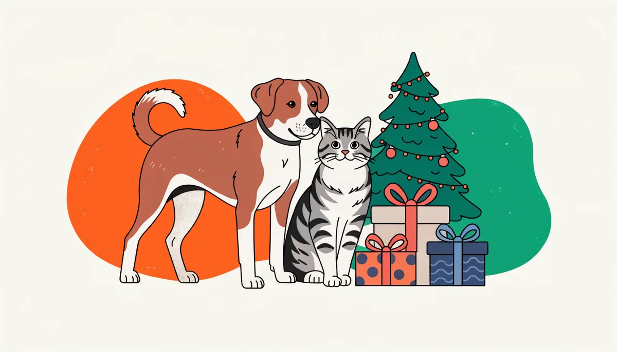 Um cão e um gato ao lado de caixas de presente embrulhadas e uma pequena árvore de Natal decorada