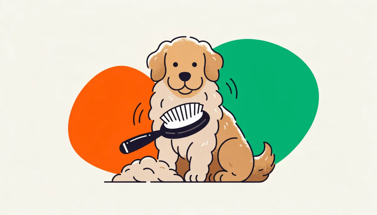 Cachorro peludo sendo escovado, com pelo solto sendo recolhido e pelagem saudável