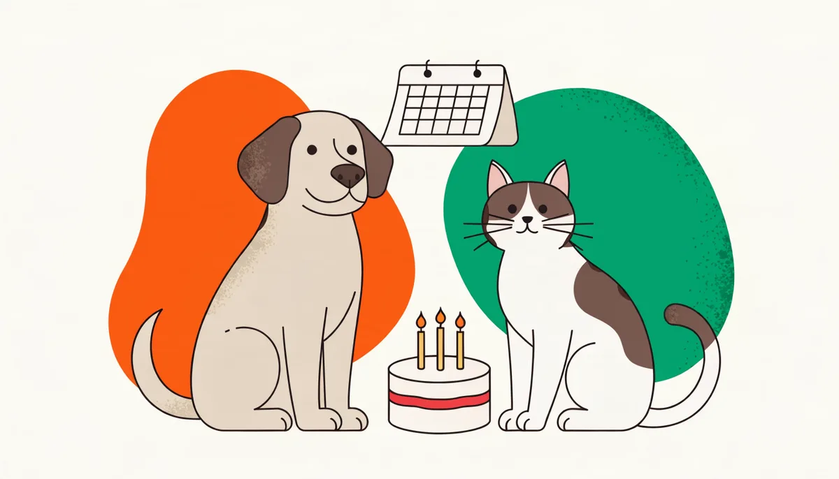 Cão e gato lado a lado com bolo de aniversário e calendário, representando a idade do pet em anos humanos