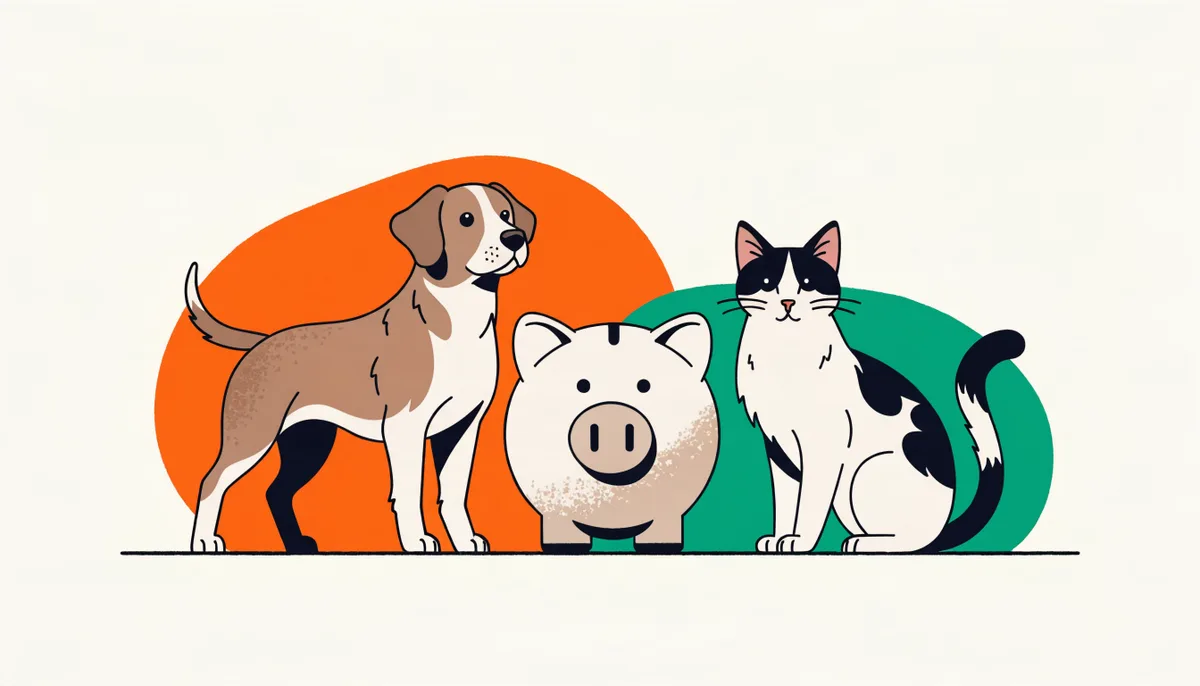 Cofrinho de porquinho ao lado de um cão e um gato, representando o custo mensal de ter um pet