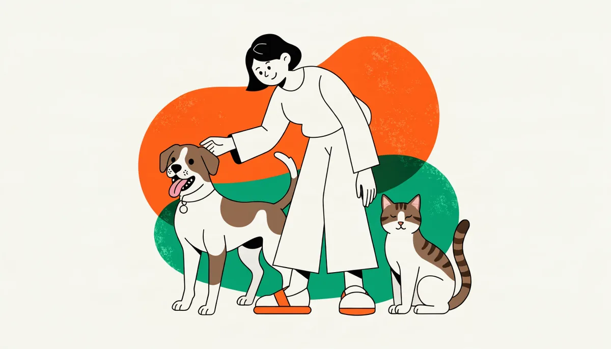 Pessoa acolhendo um cão vira-lata e um gato felizes em um momento de adoção