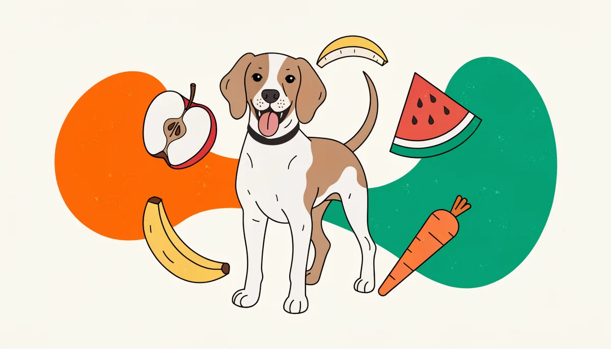 Cachorro alegre sentado ao lado de fatias de maçã, banana, melancia e cenoura