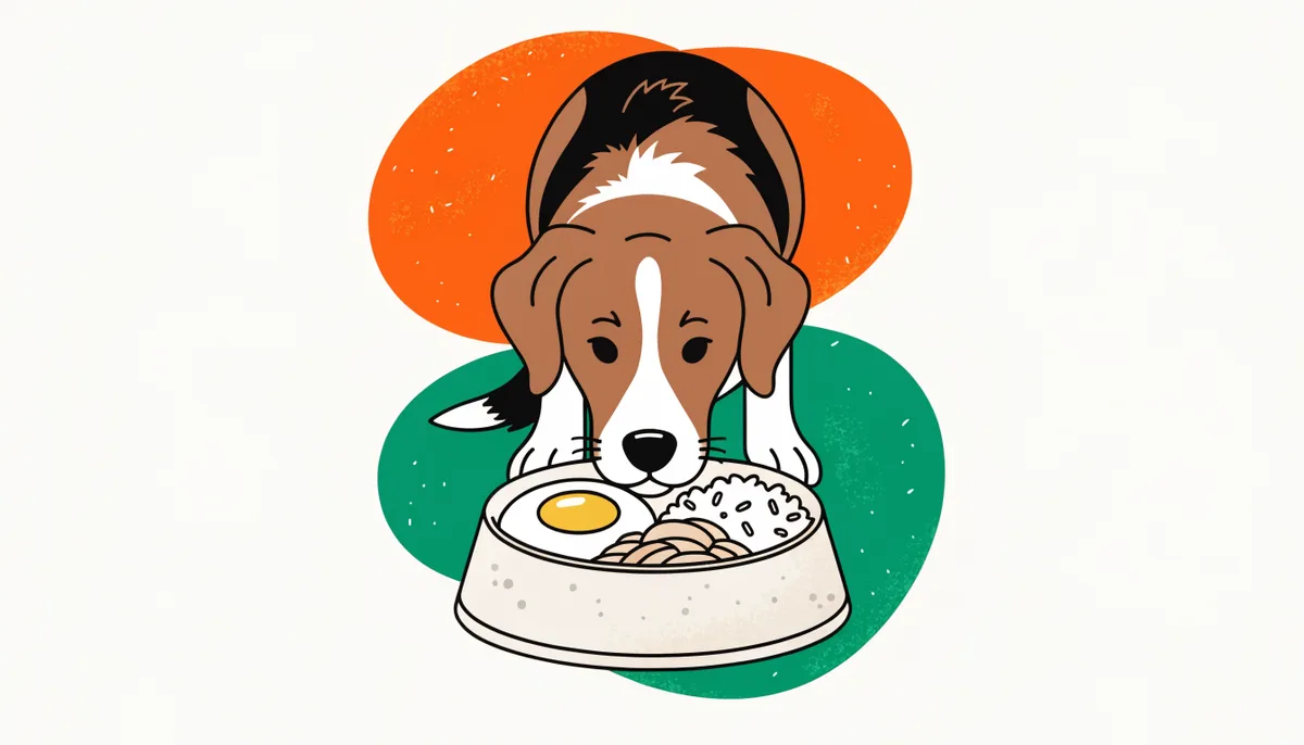 Cachorro olhando para um pote com ovo cozido, arroz branco e frango desfiado
