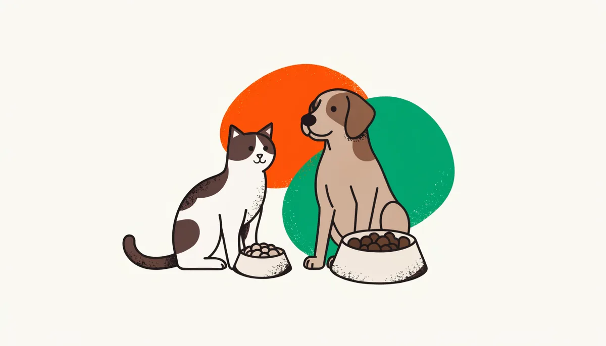 Gato e cachorro lado a lado com dois potes de comida separados e distintos