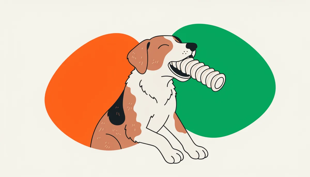 Cachorro mordendo um brinquedo dental de borracha seguro, com um osso cozido descartado ao lado